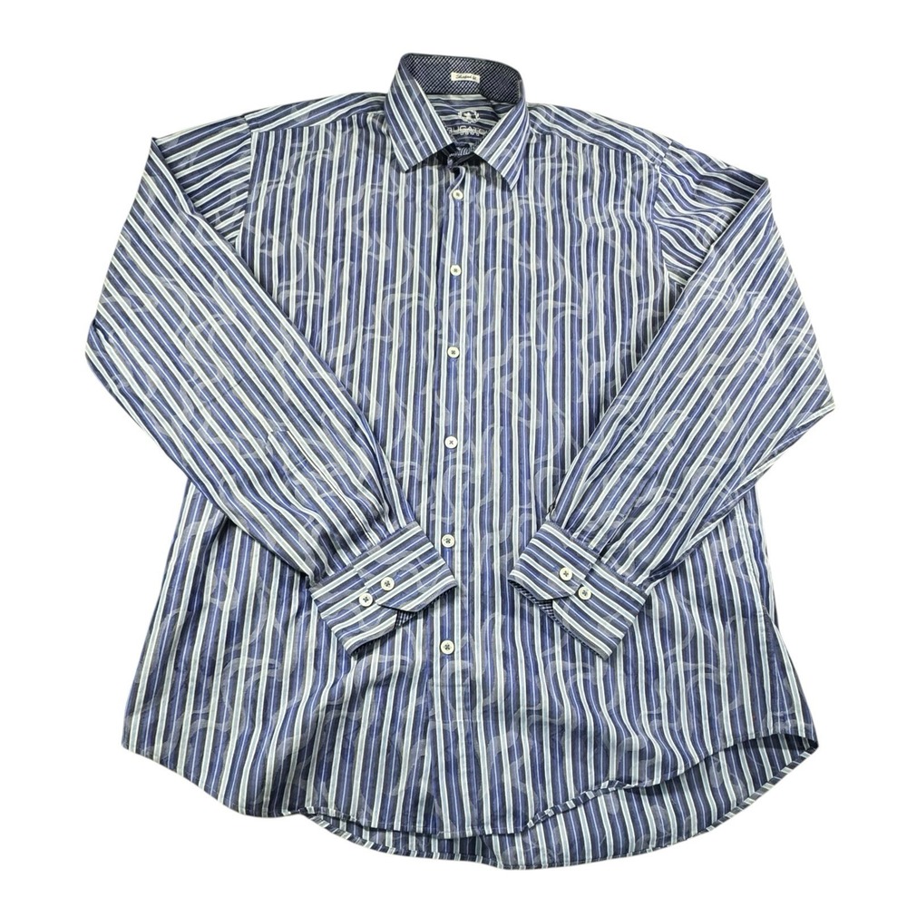 Bugatchi Uomo Men's L Shirt Shaped Fit Flip Cuff Blue White Striped Office